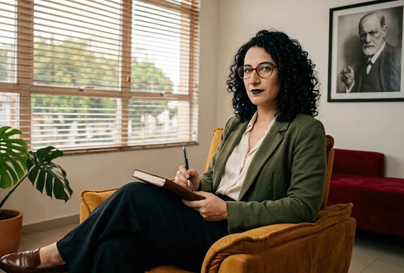 Psicanalista Larissa Vasconcelos em seu consultório.