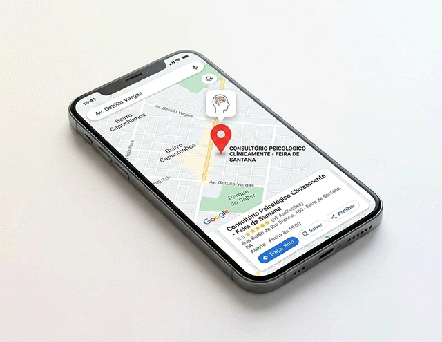 Smartphone exibindo mapa do Google Meu Negócio com pino de localização de um consultório de psicologia.