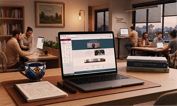 Site para psicólogo sendo desenvolvido em um notebook em um ambiente de coworking.