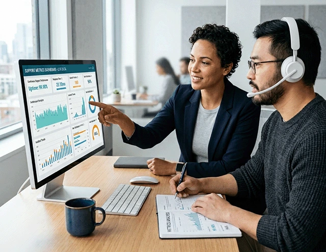 Equipe prestando suporte técnico e análise de SEO em monitor com métricas de desempenho do Google Analytics de um site de psicólogo.
